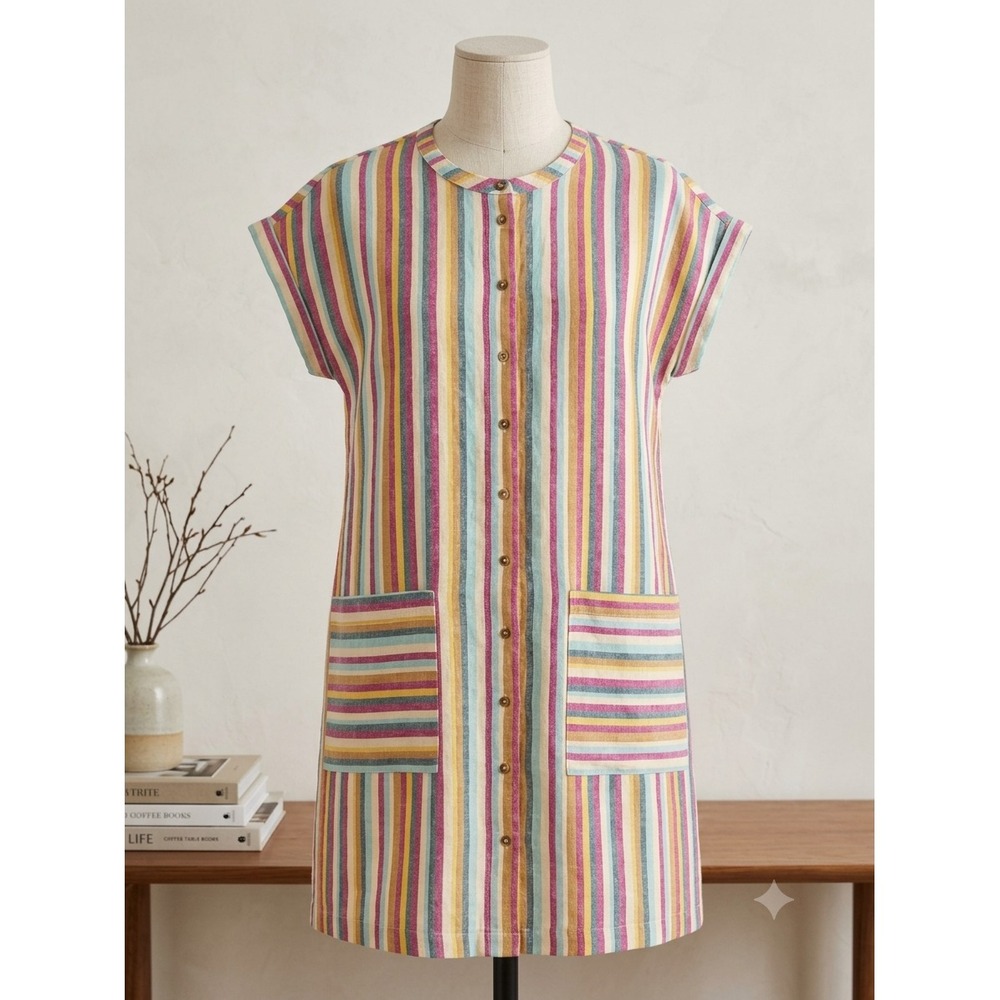 Lou & Grey for LOFT Cotton Linen Striped Shift Dress Multi Color Pockets Medium